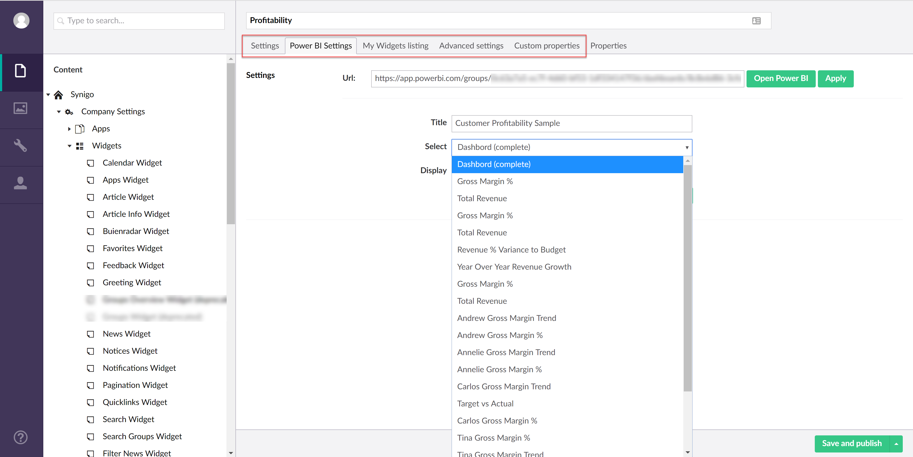 Configure PowerBI widget